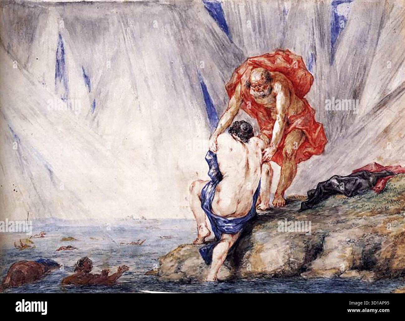 BRAMER, Leonaert (* 1596, Delft, d. 1674, Delft) Szene aus den Metamorphosen der 1660er Jahre Aquarell und Gouache auf Pergament, 140 x 195 mm Privatsammlung diese späte Zeichnung von Bramer illustriert eine Episode aus Metamorphosen von Ovid. Es zeigt die Szene Deucalion und Pyrrha nach der Flut. Die Metamorphosen waren in den Niederlanden während des 16. Und 17. Jahrhunderts enorm beliebt. Bramer schuf zwei Serien von Zeichnungen, die Ovidian-Motiven gewidmet waren, eine mit Pinsel und schwarzer Tinte in den Jahren 1635–45 und eine mit Farbe in den 1660er Jahren --- Schlüsselwörter: ----------------- Autor: BRAMER, Leo Stockfoto