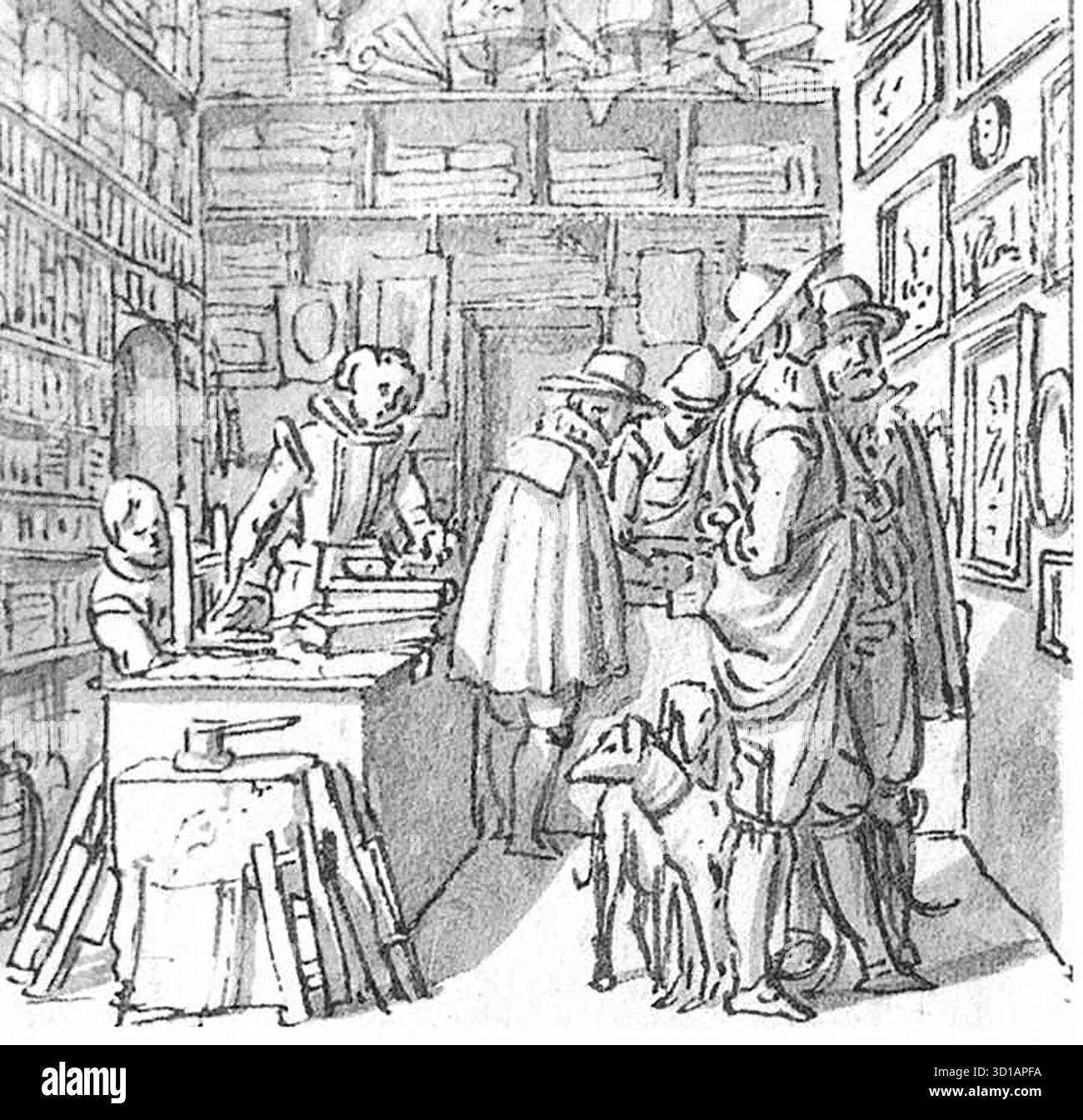 BRAY, Salomon de (* 1597, Amsterdam, d. 1664, Haarlem) Buch- und Bildergeschäft 1628 Stift und Tinte und Waschen auf Papier, 76 x 76 mm Rijksmuseum, Amsterdam --- Schlüsselwörter: ----------------- Autor: BRAY, Salomon de Titel: Buch- und Bildergeschäft Zeitlinie: 1601-1650 Schule: Niederländisch Form: Grafik Typ: Genre Stockfoto