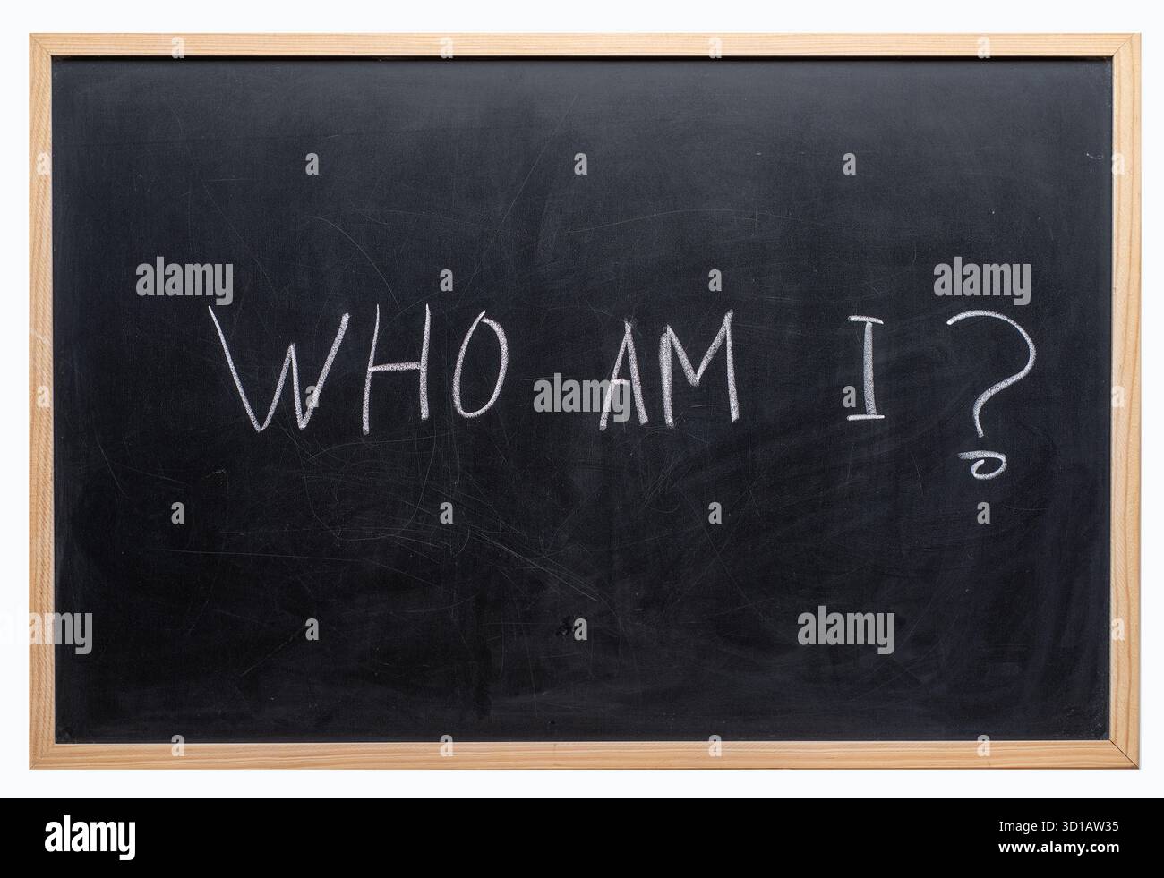 SMS - Wer bin ich? Auf eine Tafel geschrieben. Stockfoto