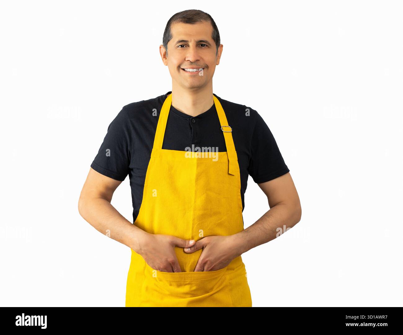 Porträt, Mann und Café-Besitzer auf weißem Hintergrund mit selbstbewusstem Startup-Manager auf Mockup-Bereich. Stockfoto