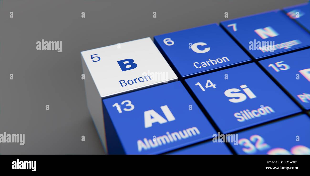 Detailansicht des chemischen Elements B Bor mit der Atomzahl 5 innerhalb des Periodensystems der Elemente. Dynamischer Dispergierungseffekt an den Ecken A Stockfoto