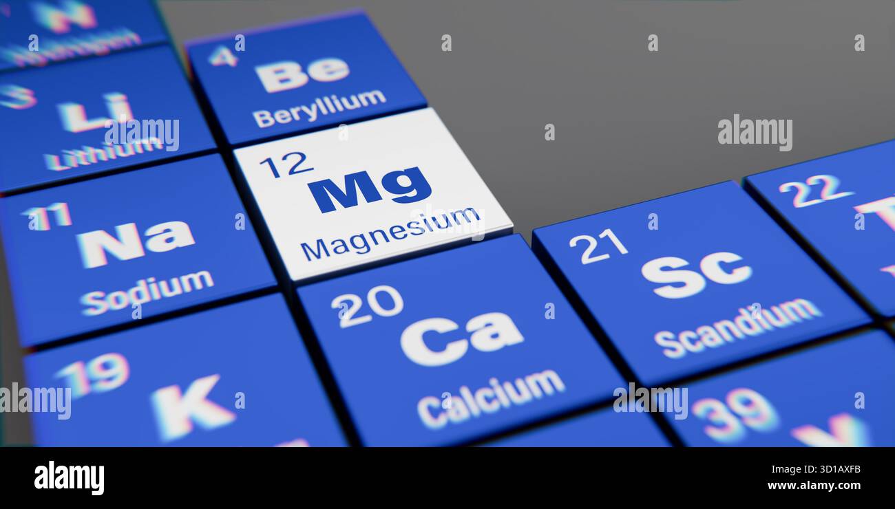 Detailansicht des chemischen Elements mg Magnesium mit der Atomzahl 12 innerhalb des Periodensystems der Elemente. Dynamischer Dispergierungseffekt am Koror Stockfoto
