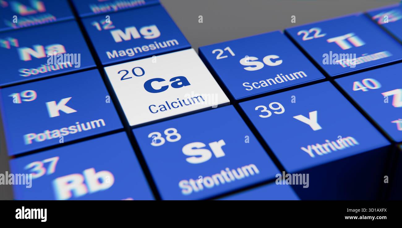 Detailansicht des chemischen Elements Ca Calcium mit der Atomzahl 20 innerhalb des Periodensystems der Elemente. Dynamischer Dispersionseffekt an der Corne Stockfoto