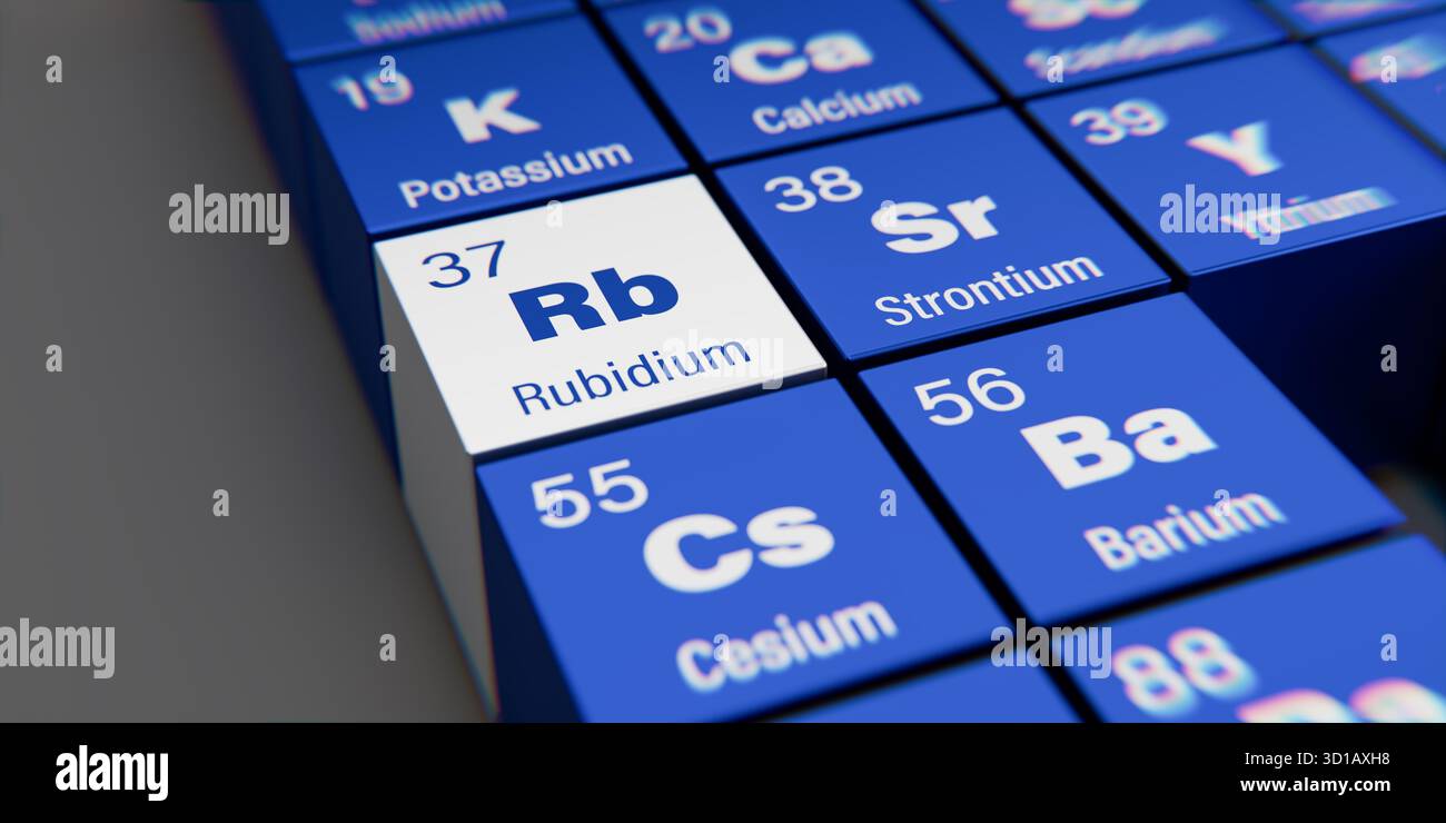 Detailansicht des chemischen Elements Rb Rubidium mit der Atomzahl 37 innerhalb des Periodensystems der Elemente. Dynamischer Dispergierungseffekt am Mais Stockfoto