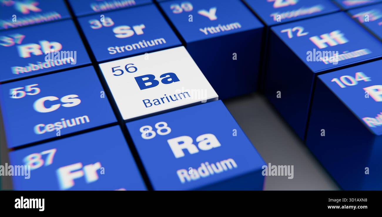 Detailansicht des chemischen Elements Ba Barium mit der Atomzahl 56 im Periodensystem der Elemente. Dynamischer Dispergierungseffekt an der Ecke Stockfoto
