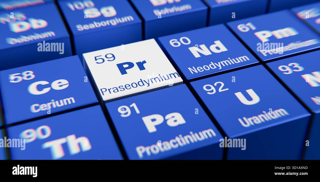 Detailansicht des chemischen Elements Praseodym mit der Atomzahl 59 im Periodensystem der Elemente. Dynamischer Dispergierungseffekt am Stockfoto