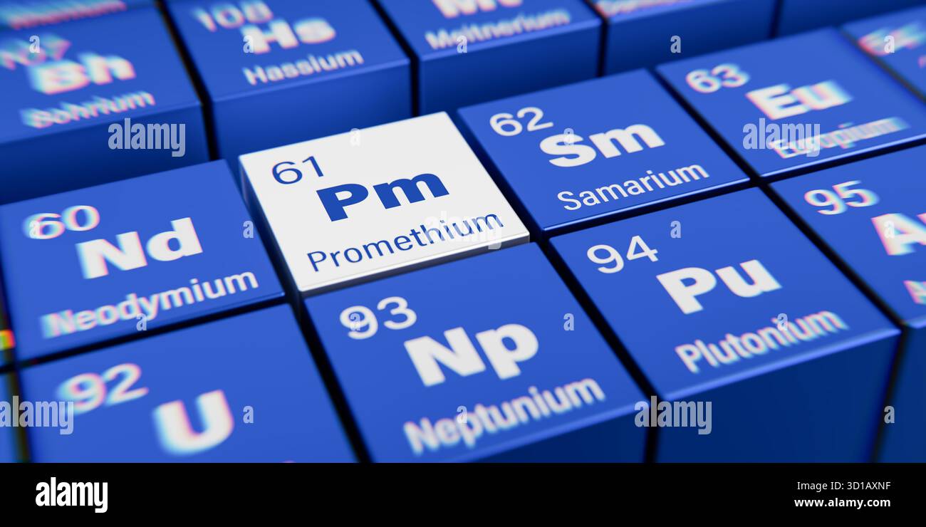 Detailansicht des chemischen Elements PM Promethium mit der Atomzahl 61 innerhalb des Periodensystems der Elemente. Dynamischer Dispergierungseffekt am Co Stockfoto