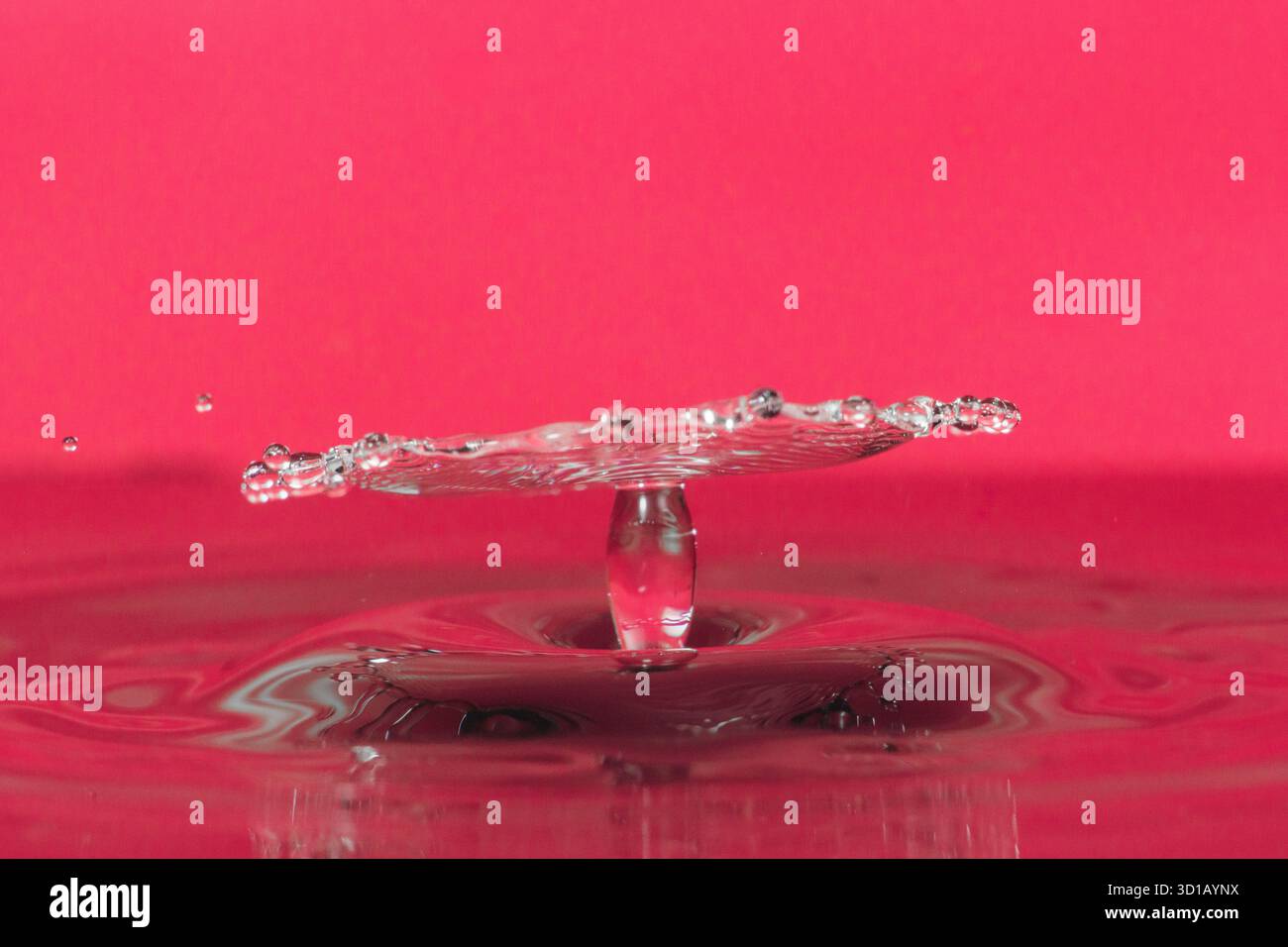Red Field Impact: Wasserkrone und Säule in High-Speed-Präzision Stockfoto