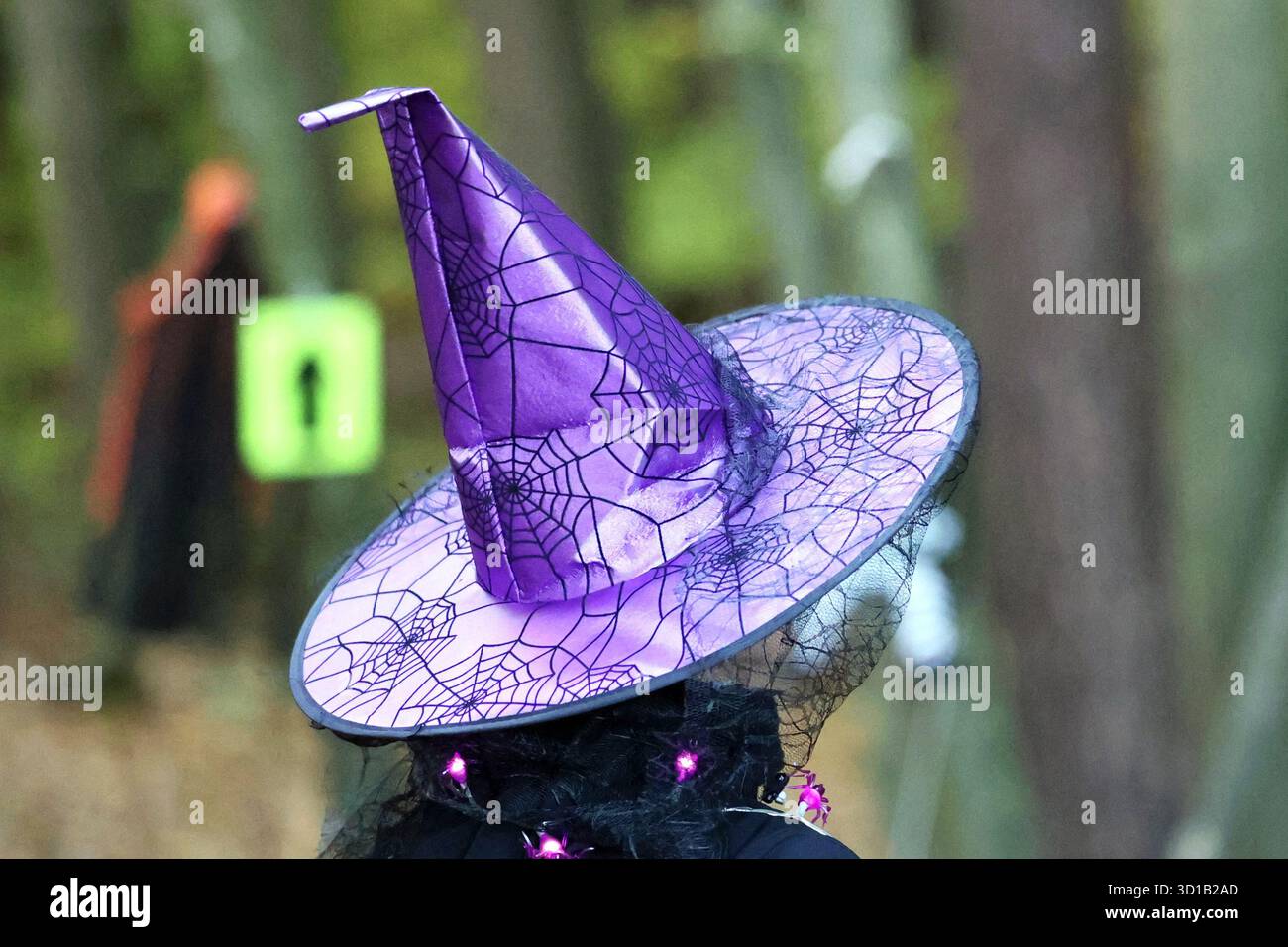 Geheimnisvolle Hexe in einem lila Hut mit Spiderweb-Design, die Halloween im Freien feiert Stockfoto