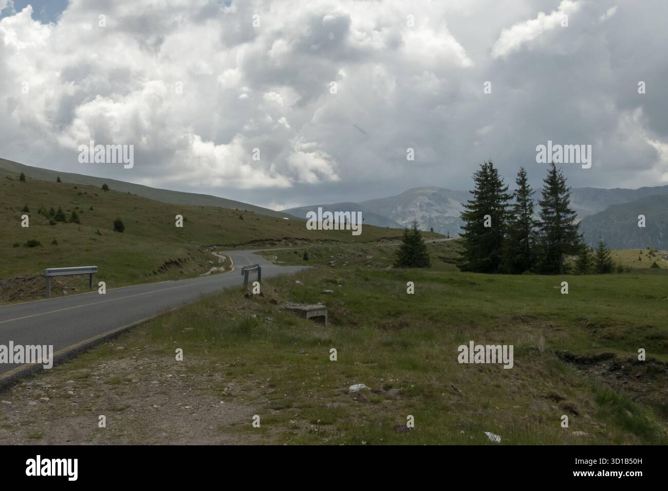 Malerischer Abschnitt der rumänischen Transalpina-Straße, der durch dichten Wald und bergiges Gelände führt. Ideal für Redaktionen, Reisen, Infrastruktur oder nat Stockfoto