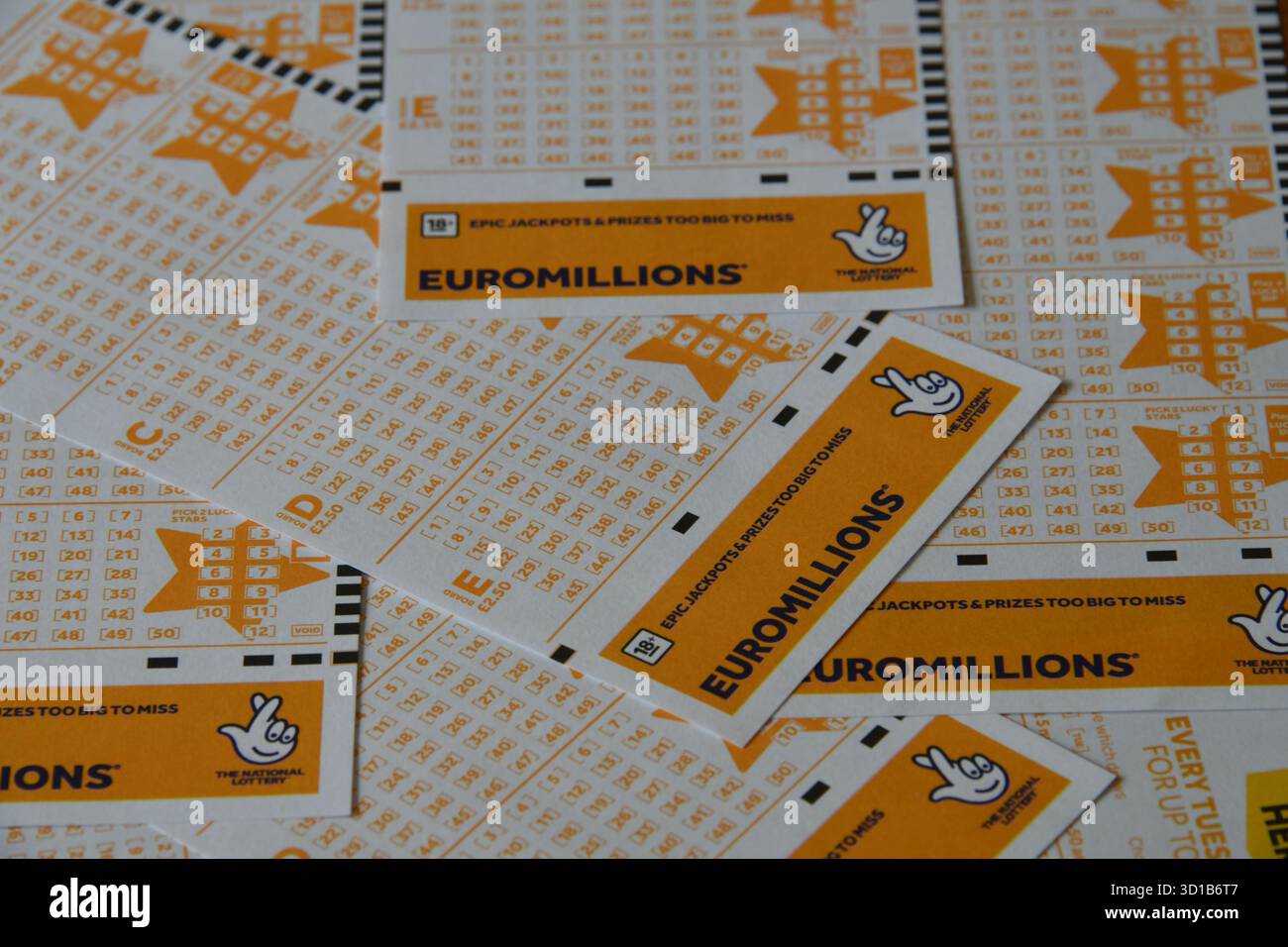 Nationale Lotterie EuroMillions Spielzettel Stockfoto