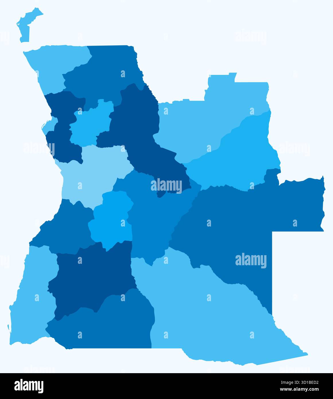Karte von Angola mit Regionen. Eine einfache Ländergrenzkarte mit regionaler Aufteilung. Hellblaue Farbpalette. Stock Vektor