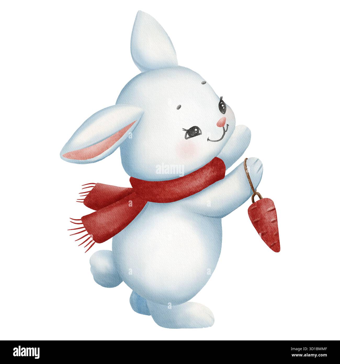 Niedliches Aquarellhase in einem roten Schal mit einem Karottenspielzeug, das in einem weichen, gemütlichen Stil bemalt ist. Perfekt für Kinderzimmer, Kinderbücher, Winterkarten Stockfoto
