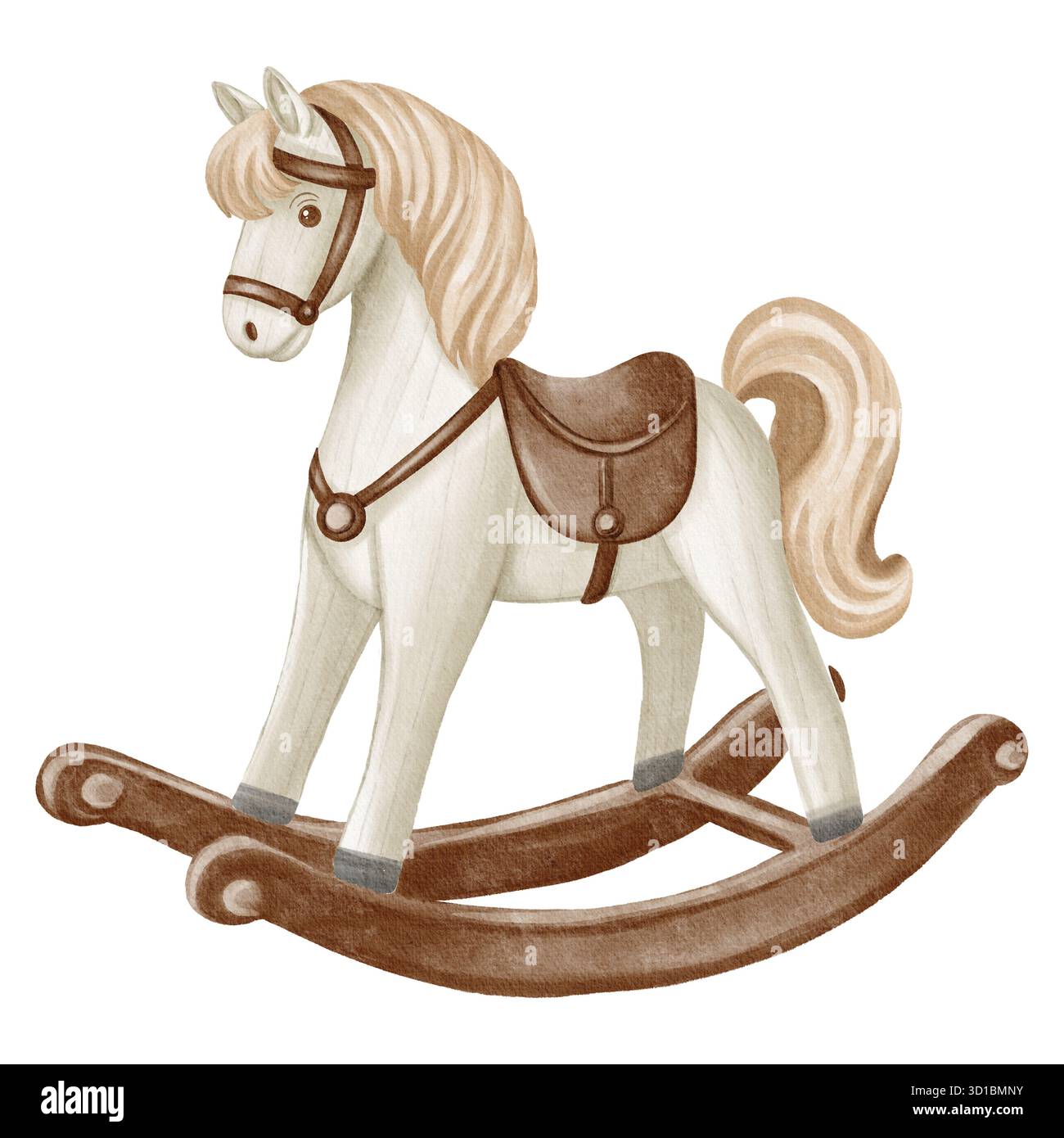 Schaukelndes Pferdespielzeug in sanften Beige- und Brauntönen, handbemalt in einem niedlichen Vintage-Stil. Perfekt für Kinderzimmer Dekor, Babyduschen Einladungen, Stockfoto