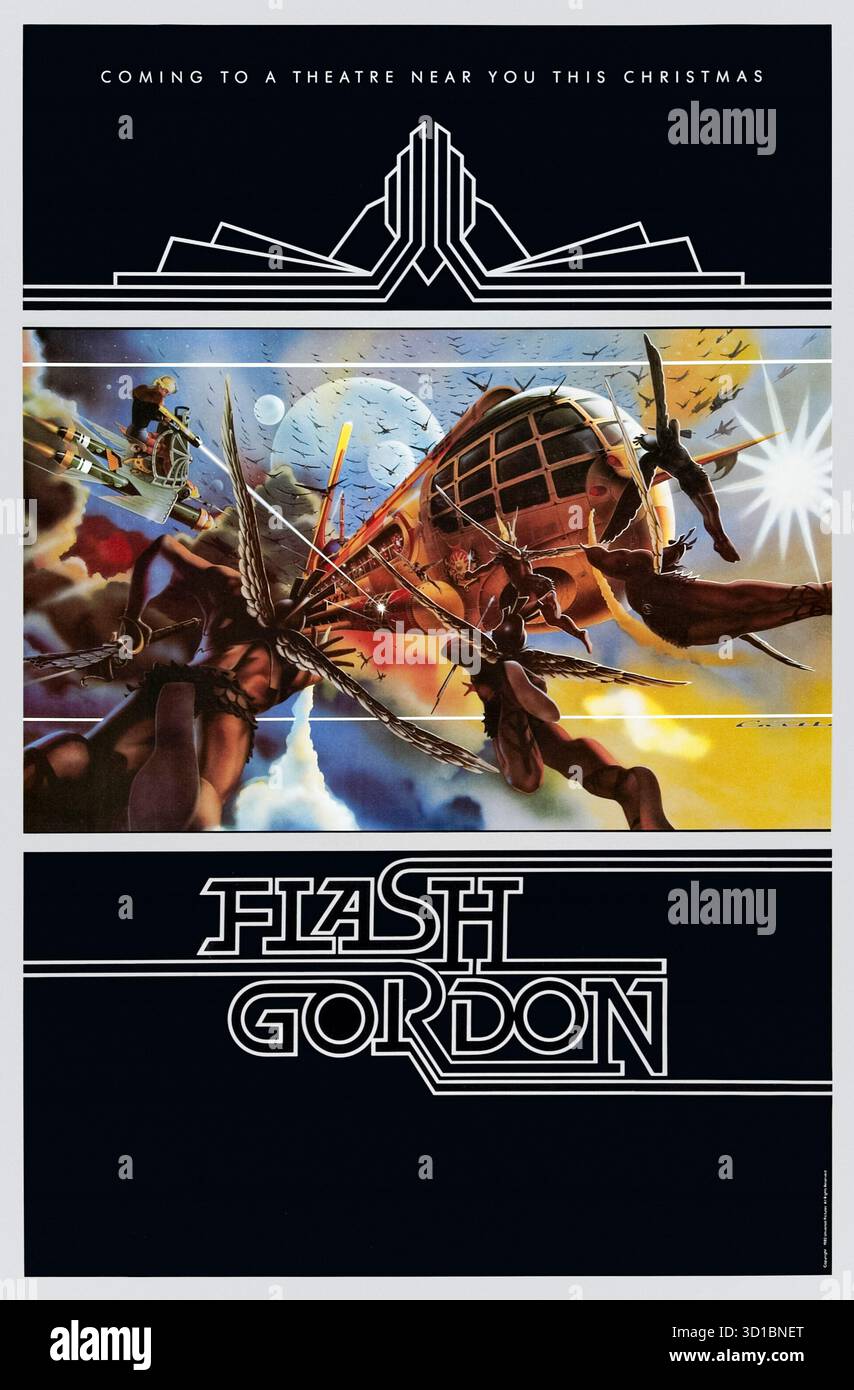 Flash Gordon (1980) von Mike Hodges mit Sam J. Jones, Melody Anderson und Max von Sydow. Star Quarterback Flash Gordon arbeitet mit Verbündeten zusammen, um den tyrannischen Herrscher Ming dem gnadenlosen zu bekämpfen, um die Erde vor der Zerstörung zu retten. Foto eines Original-Posters aus dem Jahr 1980 mit Kunstwerken von Philip Castle, das AUSSCHLIESSLICH ZUR REDAKTIONELLEN VERWENDUNG VERWENDET WIRD. Quelle: BFA / Universal Pictures Stockfoto