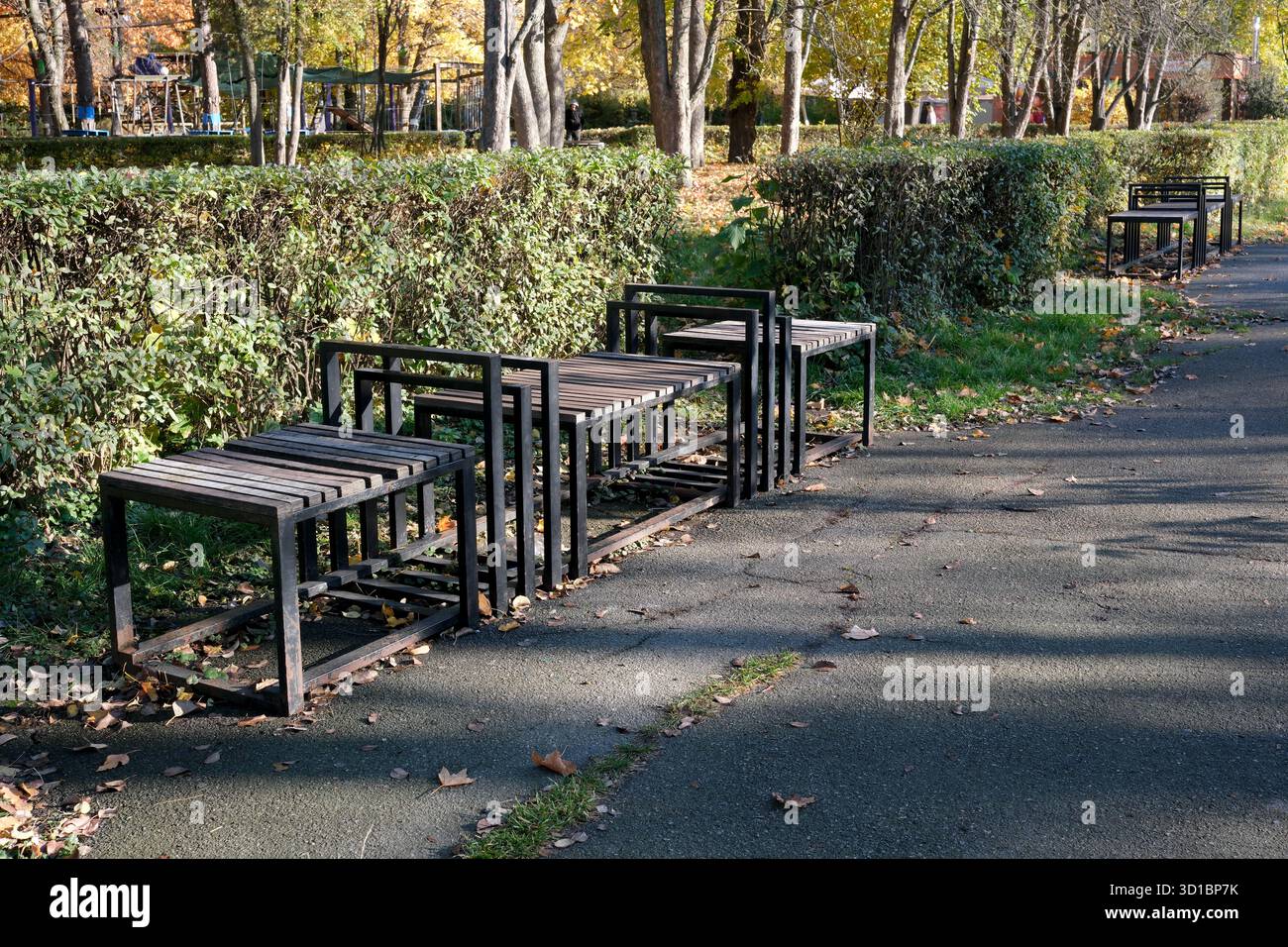 Ein ruhiger Parkweg bietet moderne Bänke, die von farbenfrohen Herbstblättern umgeben sind. Stockfoto