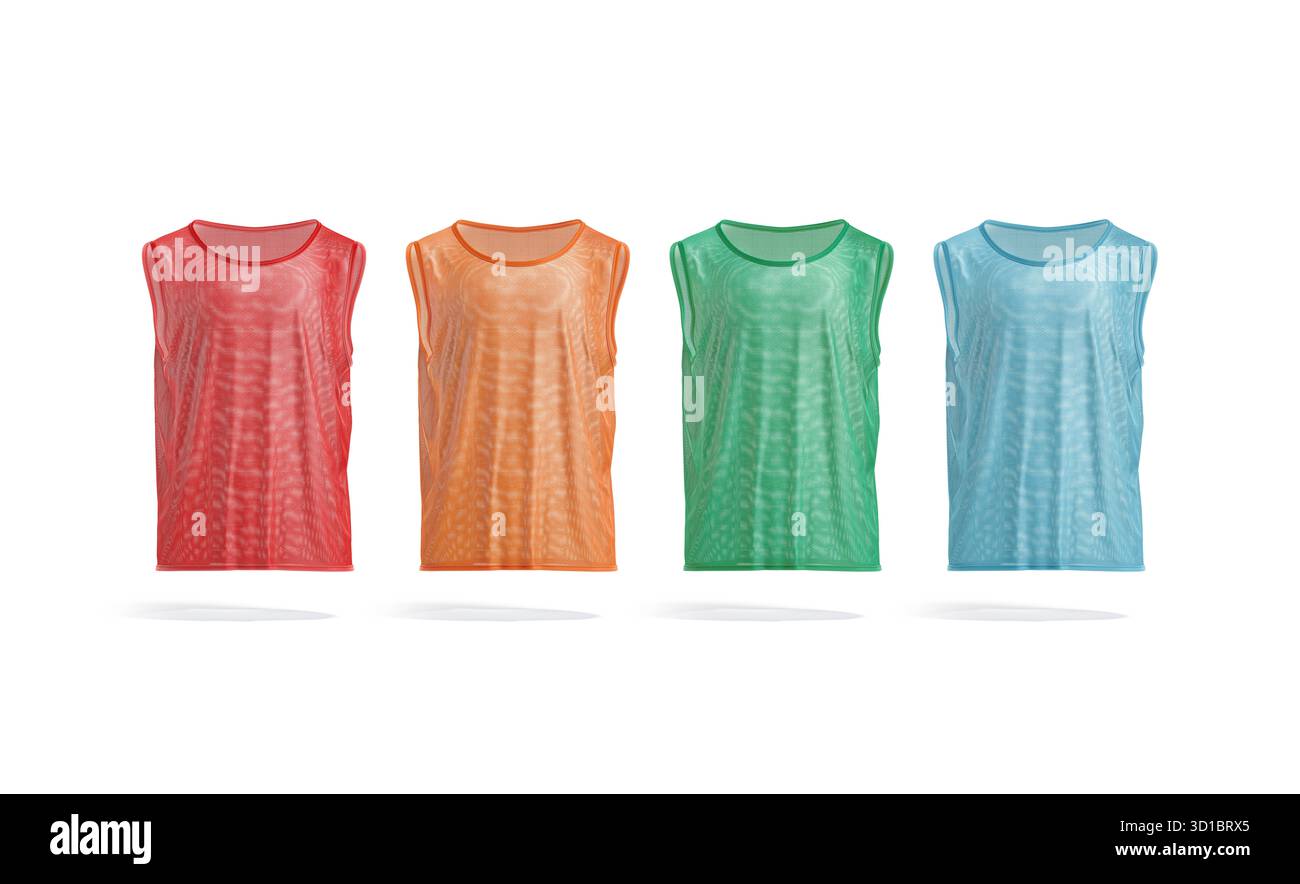 Leeres farbiges Fußballteam Übungsweste Modell, Vorderansicht, 3D-Rendering. Leere rote, orange, grüne und blaue Trikot-Uniform für Fußballspieler-Mock, ich Stockfoto