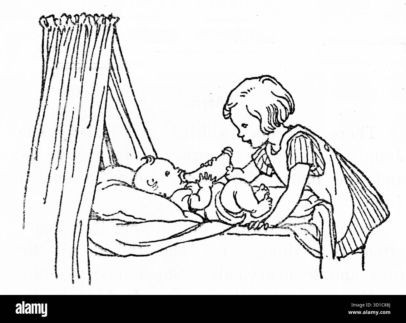 Gravur eines Mädchens, das sich um ihre kleine Schwester kümmert Stockfoto