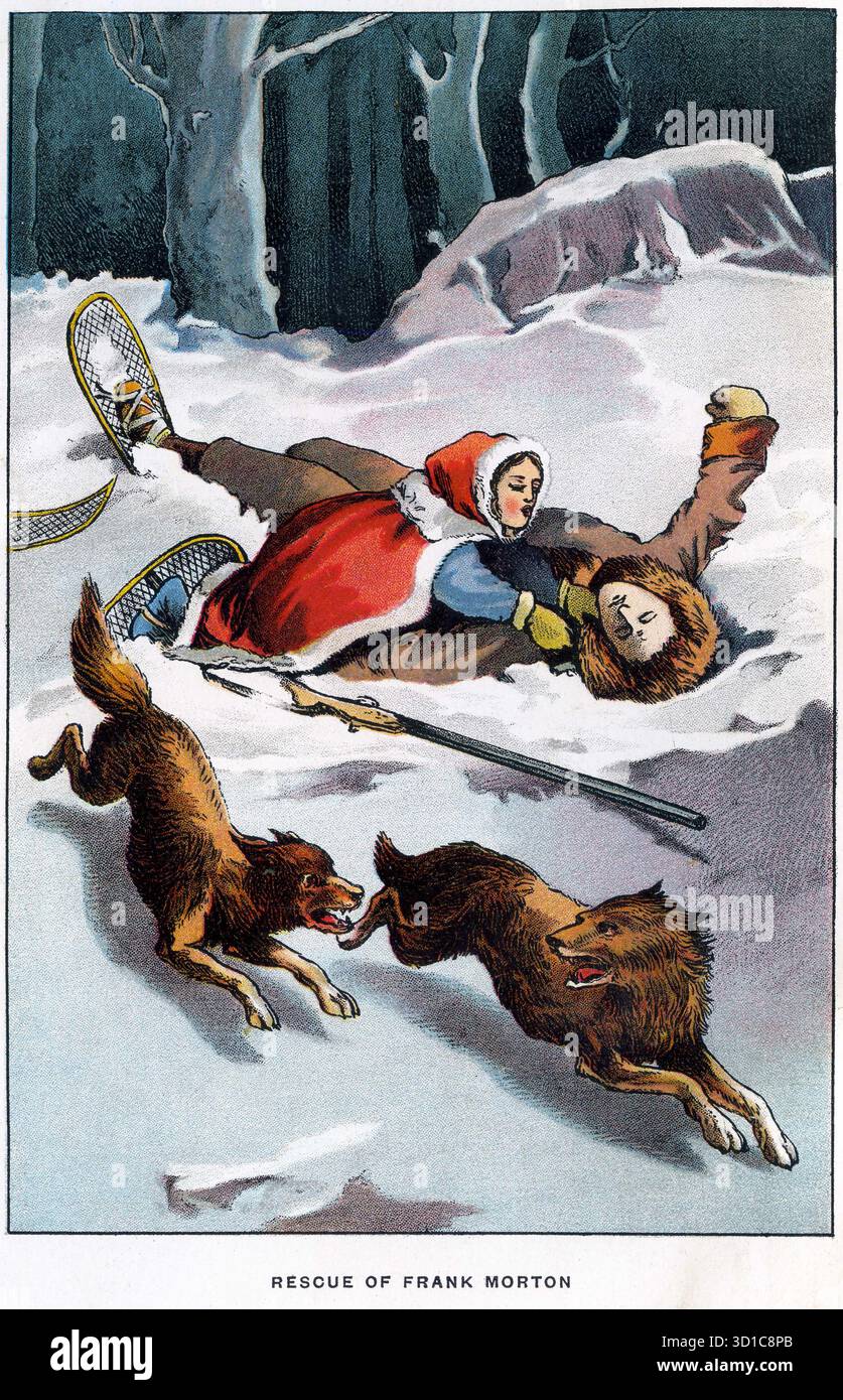 Ein Mädchen rettet einen Mann in starkem Schnee, während ihr Hund einen Wolf verjagt Stockfoto