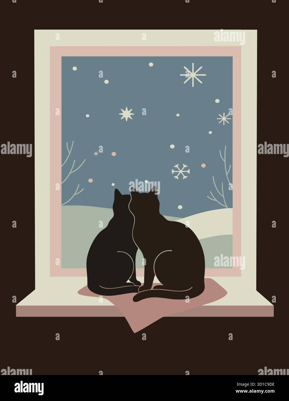 Eine romantische Illustration von zwei schwarzen Katzen, die sich auf einer Fensterbank kuscheln und den Sternenhimmel und den fallenden Schnee betrachten. Stock Vektor
