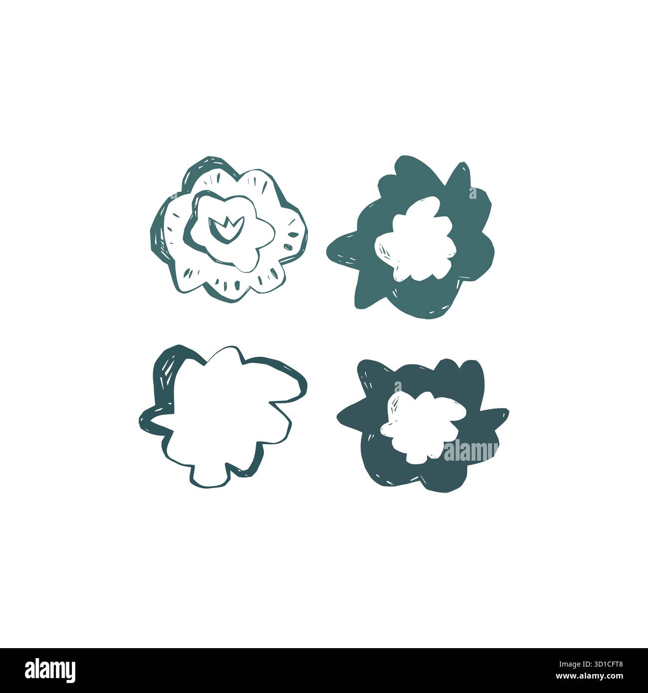 Skandinavisches Blumenset mit vier handgezeichneten Blumen im Folk Art Stil einfache nordische Elemente für Muster und moderne Designprojekte Stock Vektor
