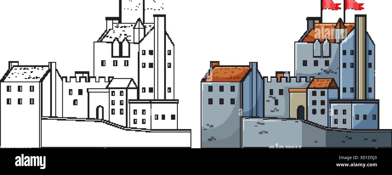 Vektor-Illustration einer traditionellen schottischen Burg in Umriss und Farbe mit Steintexturen, roten Fahnen. Stock Vektor