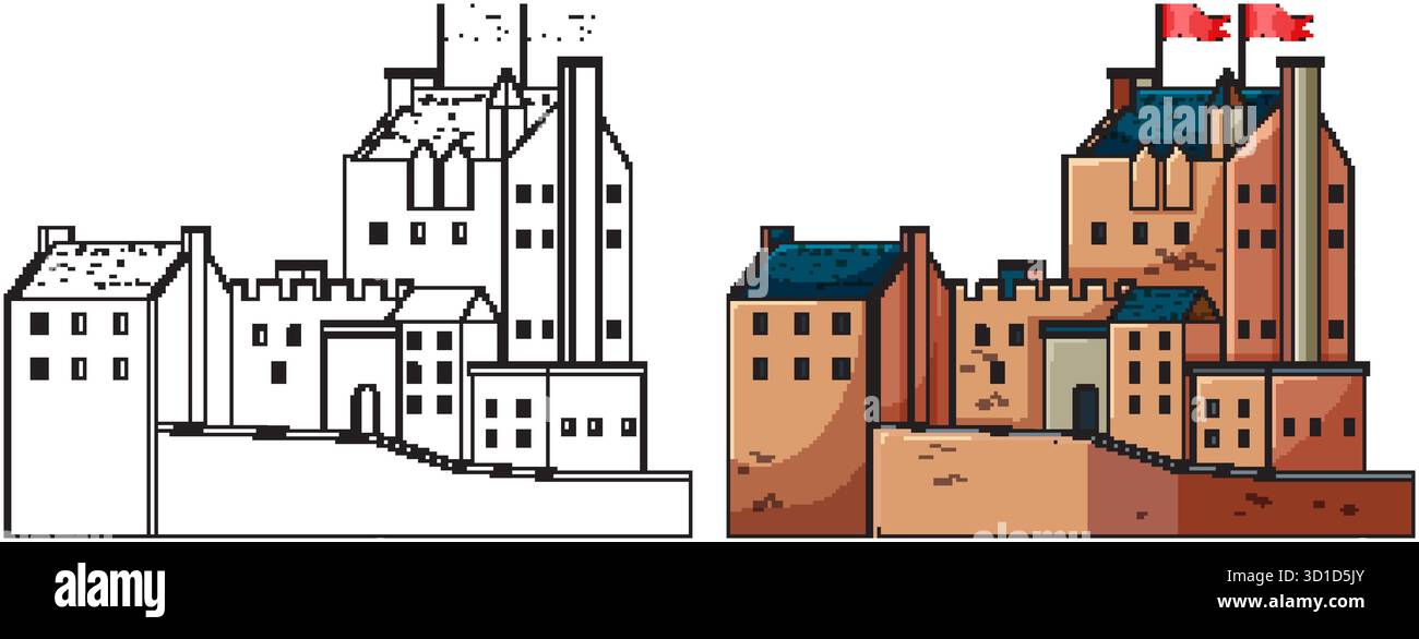Vektor-Illustration eines traditionellen schottischen Schlosses mit roten Fahnen, dargestellt in Umriss und Farbe. Stock Vektor
