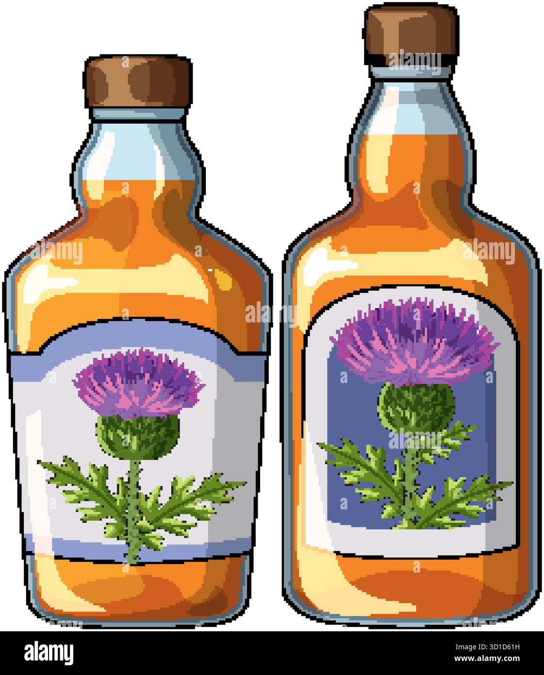 Karikaturvektor von zwei Glas-Whiskey-Flaschen mit lila Distelblüten-Etiketten, isoliert auf weiß. Stock Vektor