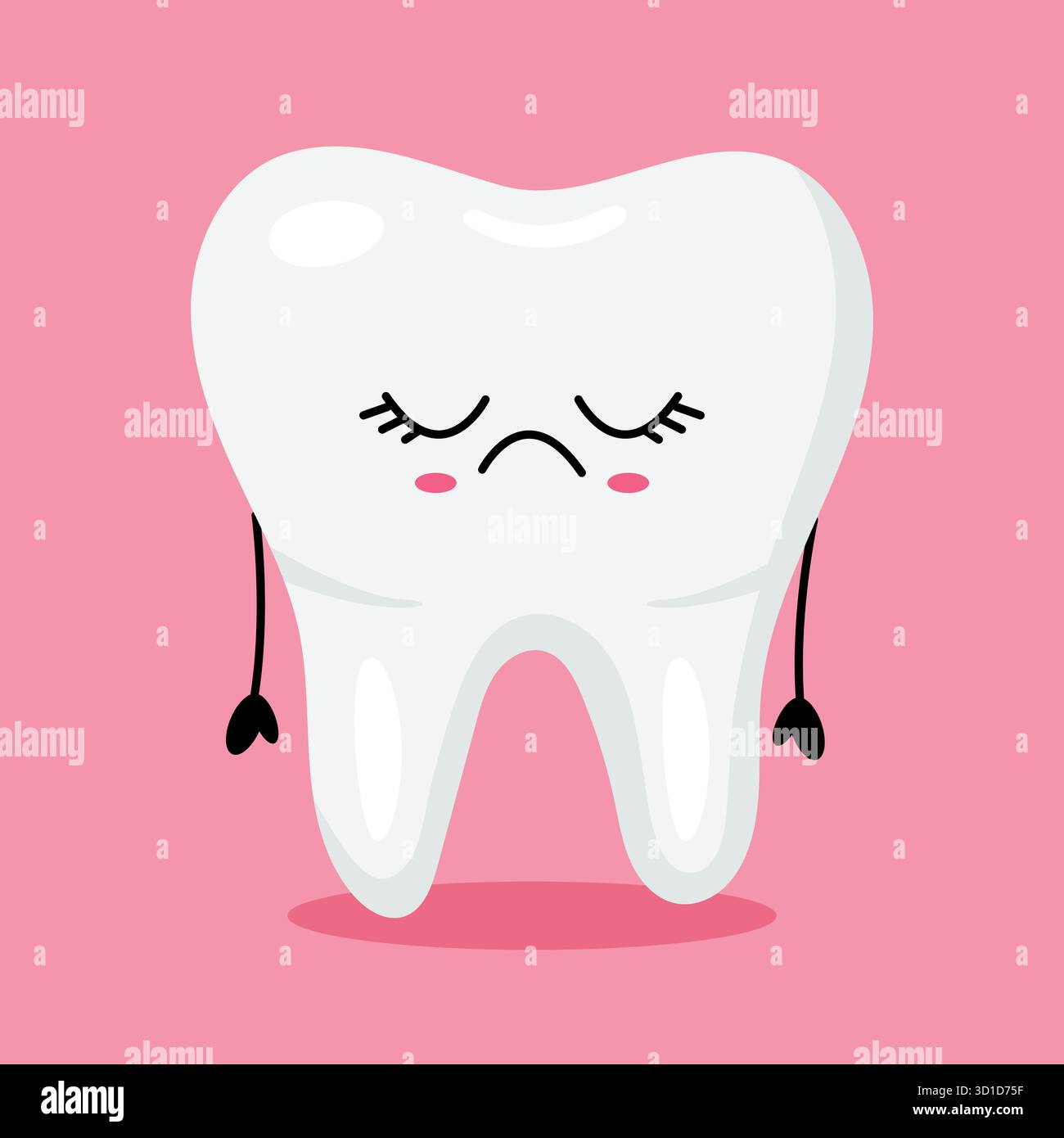 Traurige Zahnfigur im Kawaii-Stil mit großen Augen und runzelndem Ausdruck. Ideal für Plakate, Kindergesundheitsbücher und Bildungsmaterialien. Stock Vektor