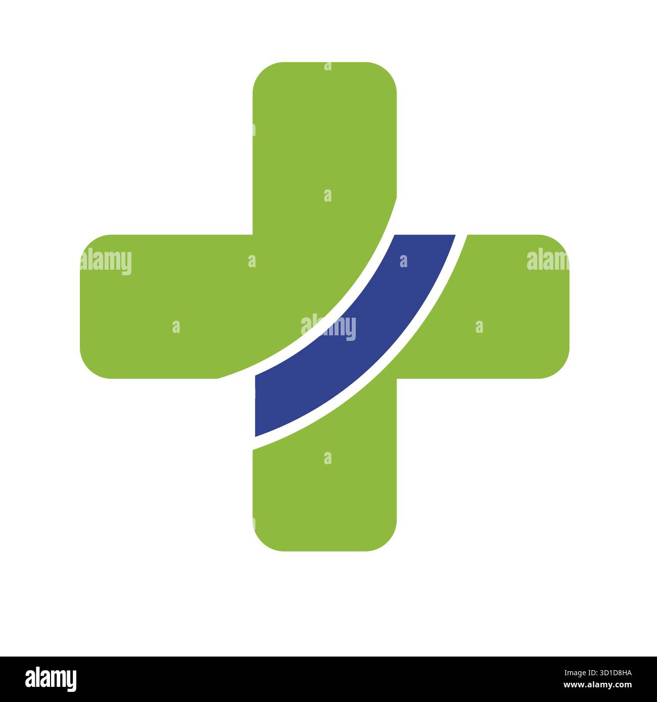 Fließendes Healthcare-Logo: Grünes medizinisches Kreuz mit dynamischem blauem und weißem Diagonalstreifen Stock Vektor