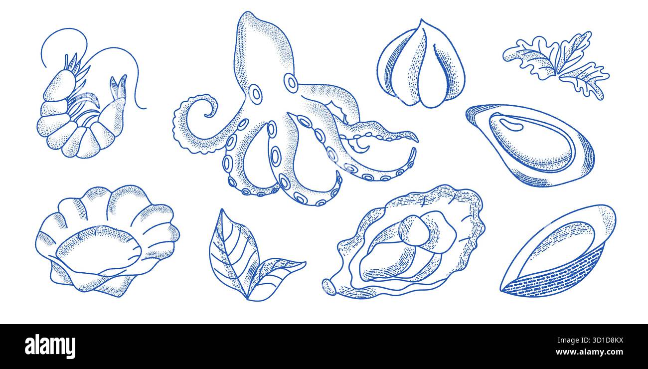 Linolschnitt mit Garnelen, Oktopus, Muscheln und Austern auf weißem Hintergrund Stock Vektor