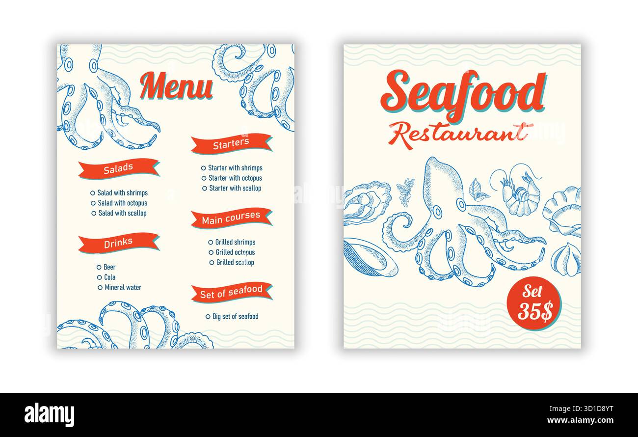Menü mit Meeresfrüchteoptionen in einem Restaurant an der Küste Stock Vektor