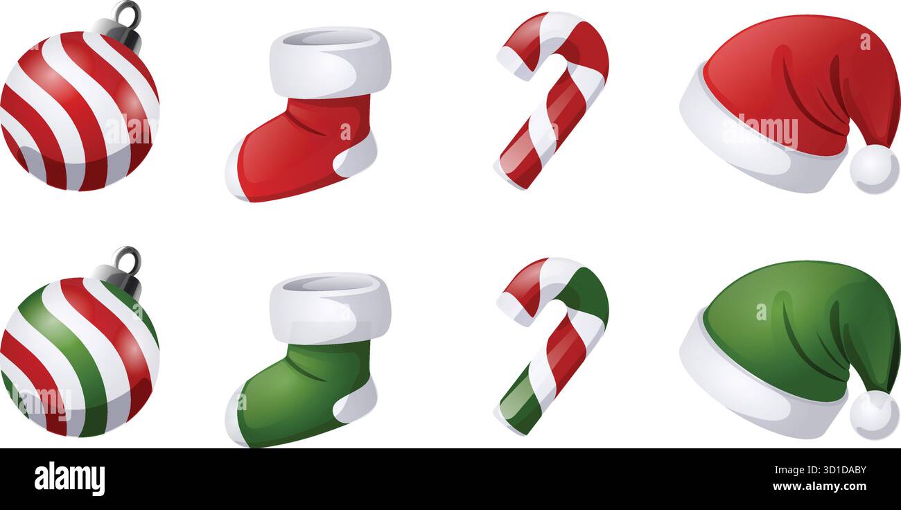 Niedliche Weihnachtskugel, Strumpfsocke, Zuckerrohr, Weihnachtsmütze in den Farbvarianten Grün und Rot Stock Vektor