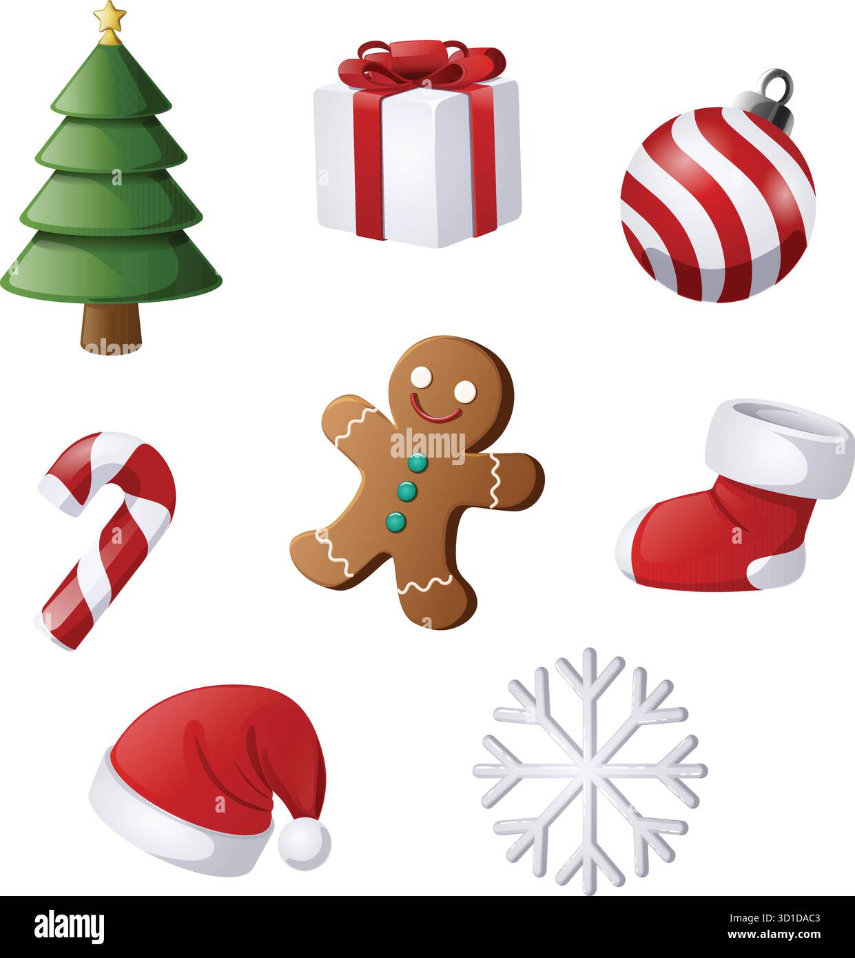 Niedliches Weihnachtsset: Baum, Zuckerrohr, Schneeflocke, Kugel, Lebkuchenmann, Weihnachtsmütze Und Geschenkbox Isolierte Grafiken Stock Vektor