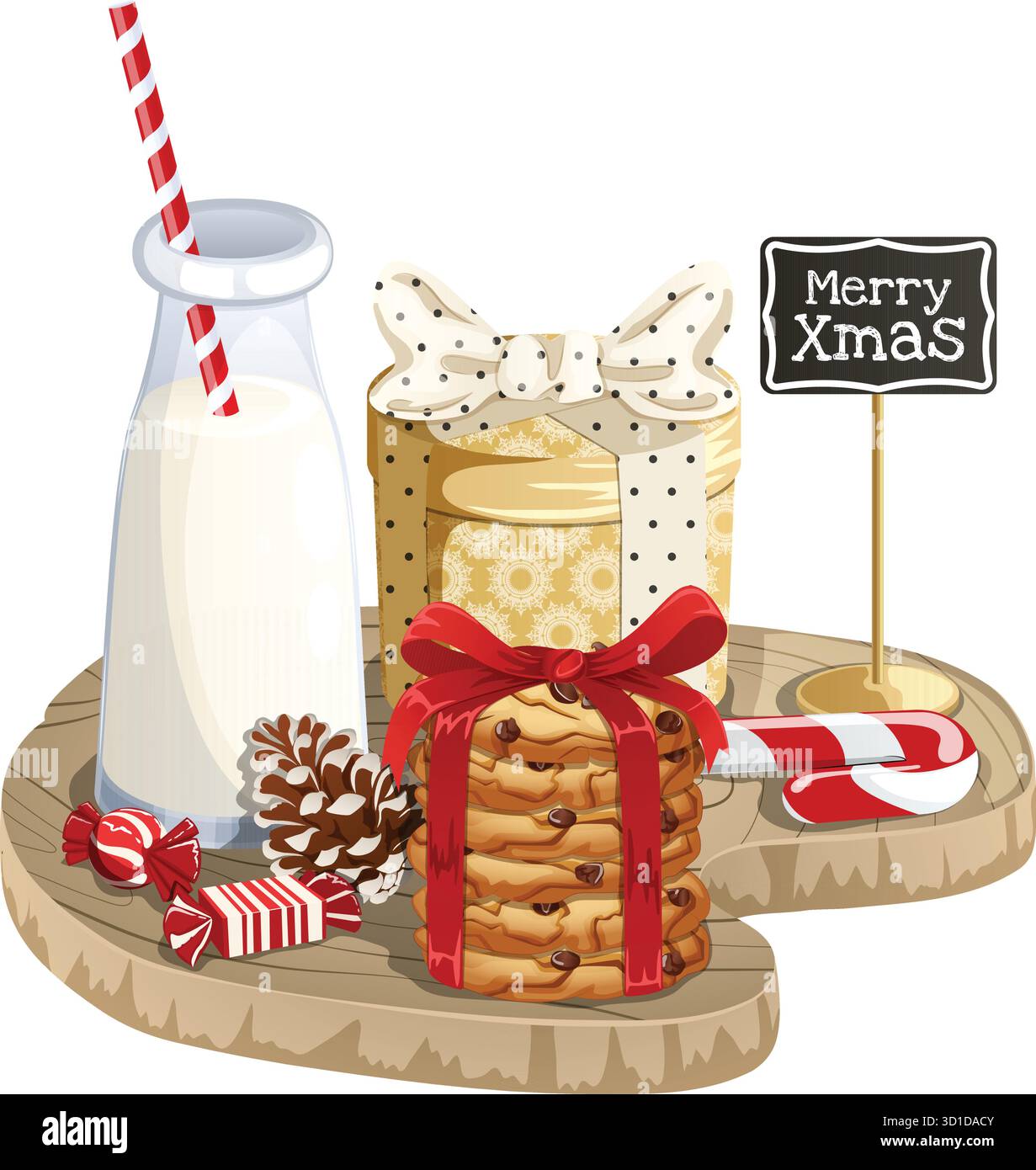 Merry Xmas Komposition mit Milch, Plätzchen mit rotem Band, Zuckerrohr, Bonbons, Geschenkbox und Tannenzapfen auf rustikalem Holzbrett Stock Vektor