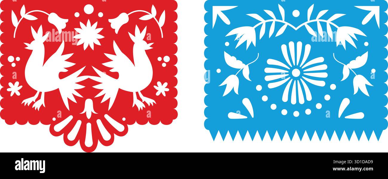 Papel Picado mit Hahn- und Blumenausschnitt. Traditionelle Mexikanische Volkskunst Dekorative Hängende Banner Isoliert Stock Vektor