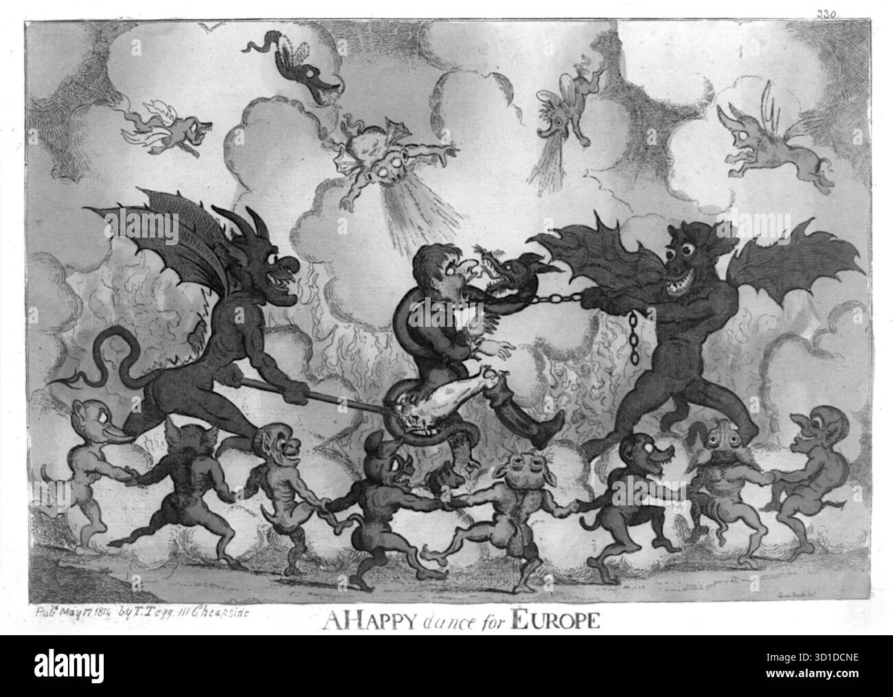 Ein Happy Dance for Europe – der politische Cartoon zeigt die britische Feststimmung nach der Abdankung Napoleons Bonapartes und seines Exils nach Elba im April 1814. Das Bild zeigt Napoleon, identifiziert durch seinen zweibeinigen Hut, in einem Tanz von zwei Teufeln geführt wird. Die Teufel und andere dämonische Gestalten freuen sich und tanzen mit ihm und repräsentieren den Untergang seines Reiches. Die Veröffentlichung solcher Drucke war für Thomas Tegg eine gängige Möglichkeit, ein breiteres Publikum zu erreichen, da seine Drucke oft erschwinglicher waren als die seiner Konkurrenten. Stockfoto