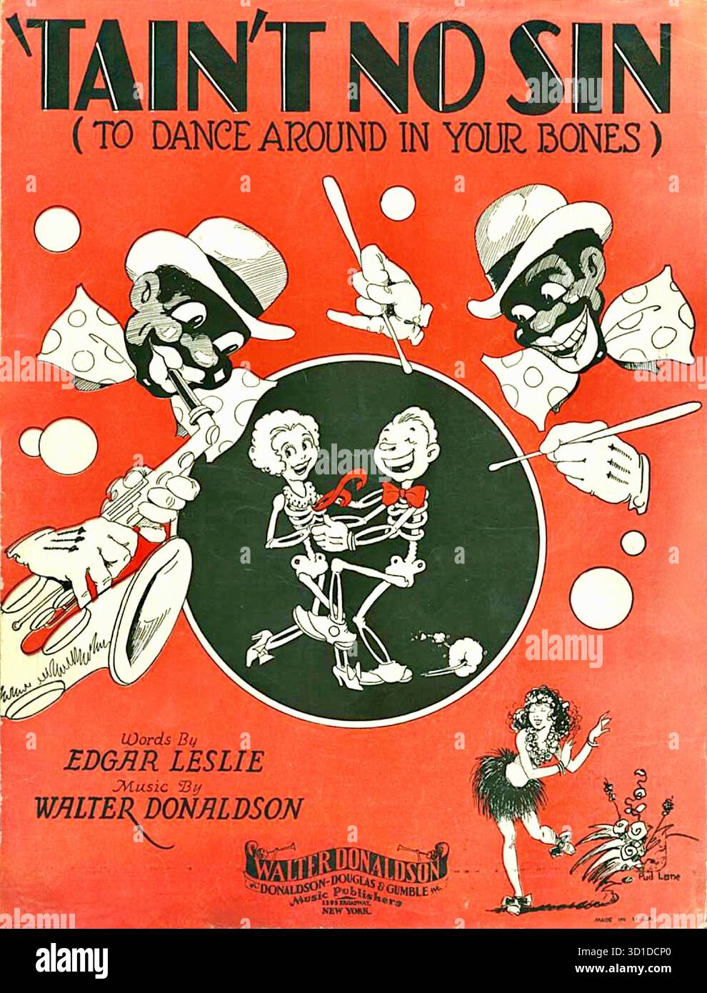Tai't No Sin (To Dance Around in Your Bones) ist der Titel eines Liedes aus dem Jahr 1929 mit Worten von Edgar Leslie und Musik von Walter Donaldson. Das Bild ist das Cover des Notenblatts für das Lied. Das Cover zeigt zwei Karikaturen von Musikern in Oberhüten auf der linken und rechten Seite des Bildes. Die Musiker spielen Trompete und Geige. In der Mitte werden ein männliches und ein weibliches Skelett gezeigt, das in einem schwarzen Kreis zusammen tanzt. Eine kleine Tänzerin in einem Hula-Rock ist unten rechts. Stockfoto