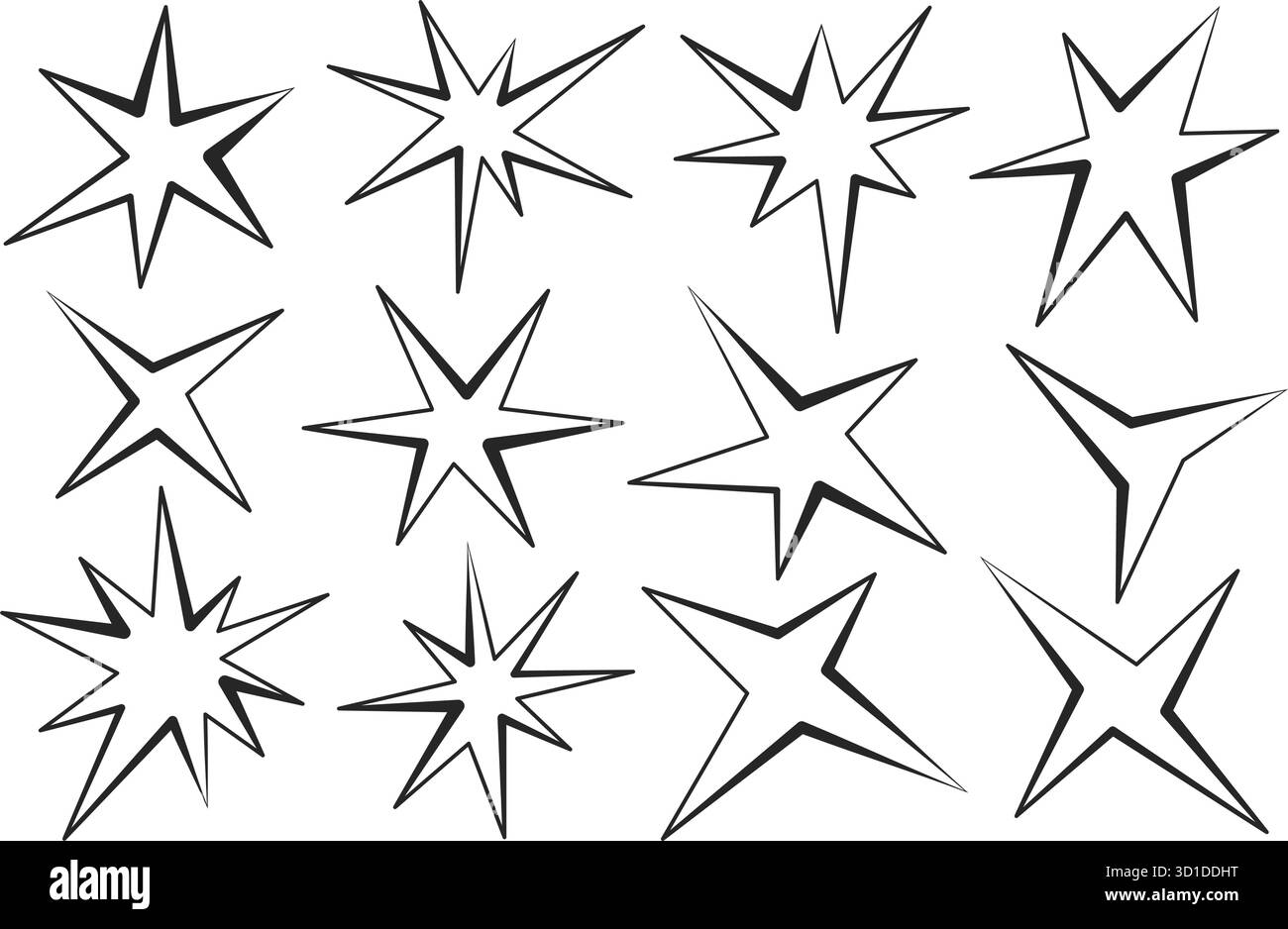 Unregelmäßige Sternformen. Abstrakter Vektor zufällige stachelige Funken mit geometrischen funky Blitzen mit Strahlen. Schwarzes Retro funkelt auf weißem Hintergrund Stock Vektor
