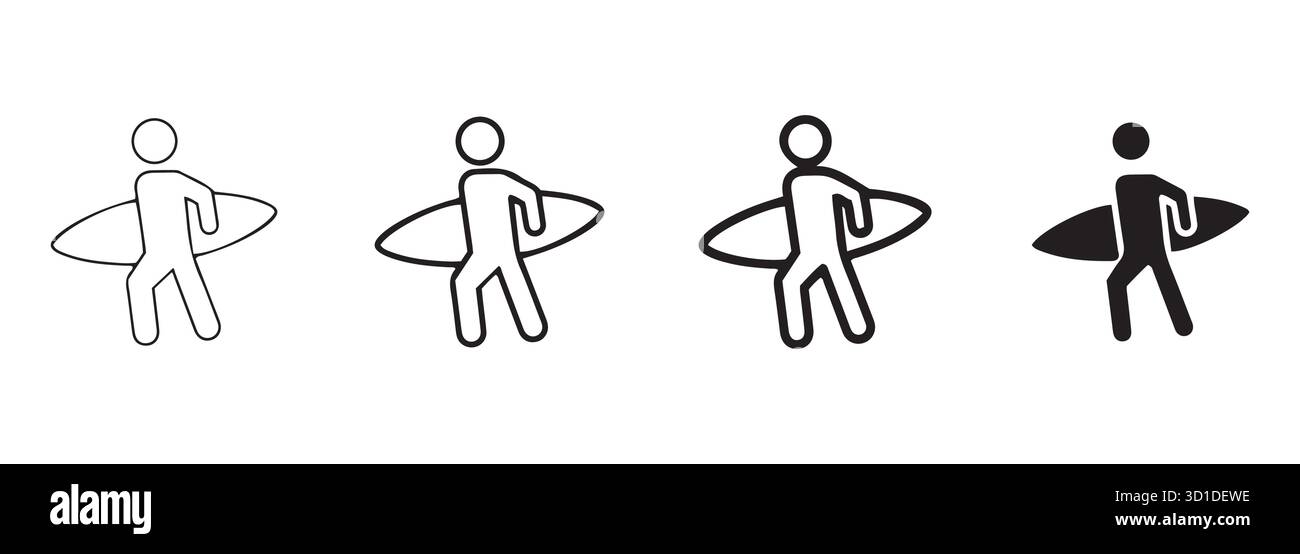 Symbole Für Surfbrettträger. Umrisse zu soliden Silhouetten für Grafiken zum Thema Strand, Surf und Sommer. Stock Vektor