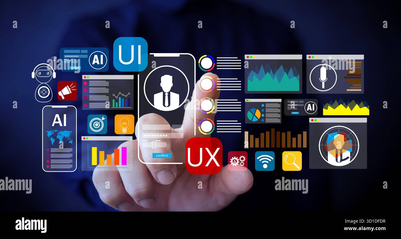 Futuristisches Konzept des UX-Designs der künstlichen Intelligenz mit handberührendem virtuellem Dashboard mit Diagrammen, Chatbot und digitalen Elementen Stockfoto