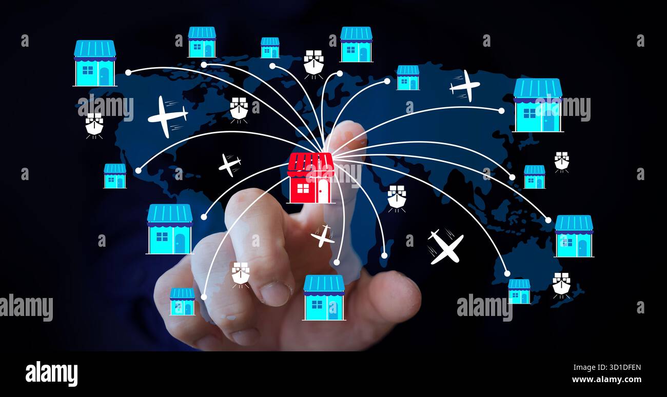 Franchise-Geschäftskonzept mit handgreifendem globalem Netzwerk mit vernetzten Ladensymbolen, Flugzeugen und Versandrouten, die internationale Geschäfte repräsentieren Stockfoto