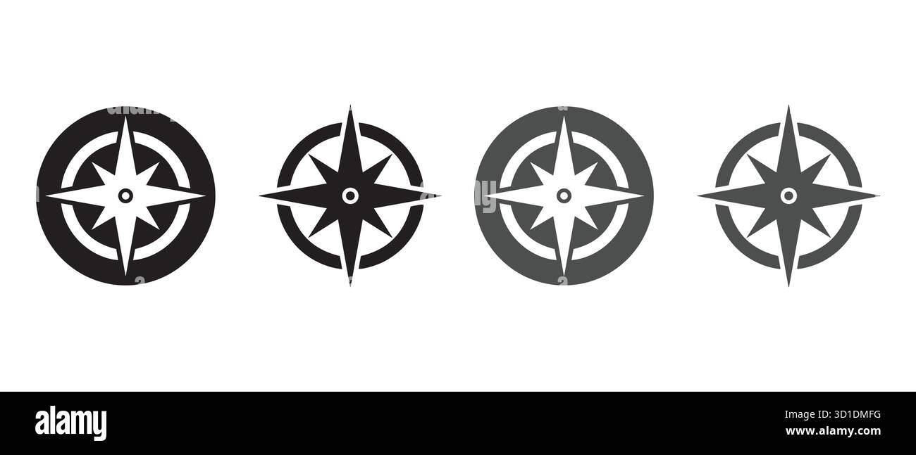 Kompass-Rosensymbole. In Schwarzweiß- und Grautönen – Symbole für Navigation, Richtung und Erkundung. Stock Vektor