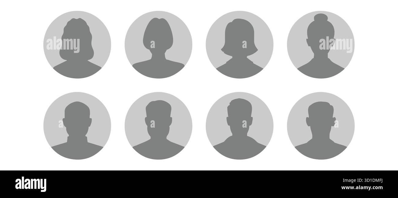 Profile Avatar Symbole. Männliche und weibliche Silhouetten in Graustufen. Stock Vektor