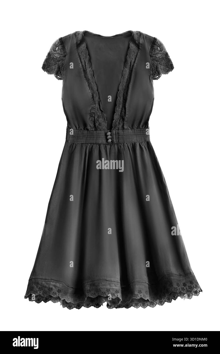 Ausgestelltes Kleid aus schwarzer Baumwolle mit kurzen Ärmeln, isoliert über weiß Stockfoto