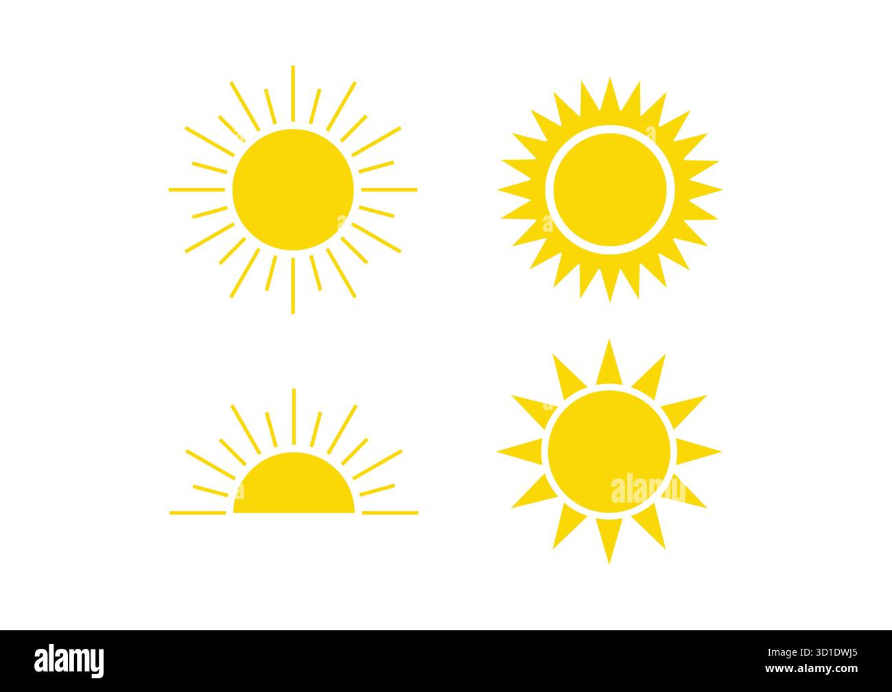 Gelbe Sonnensymbole – abstrakte Strahlungssymbole im Rasterlayout. Gelbe Sonnensymbol bei Sonnenuntergang, Sonnenaufgang oder Sonnenuntergang. Stock Vektor