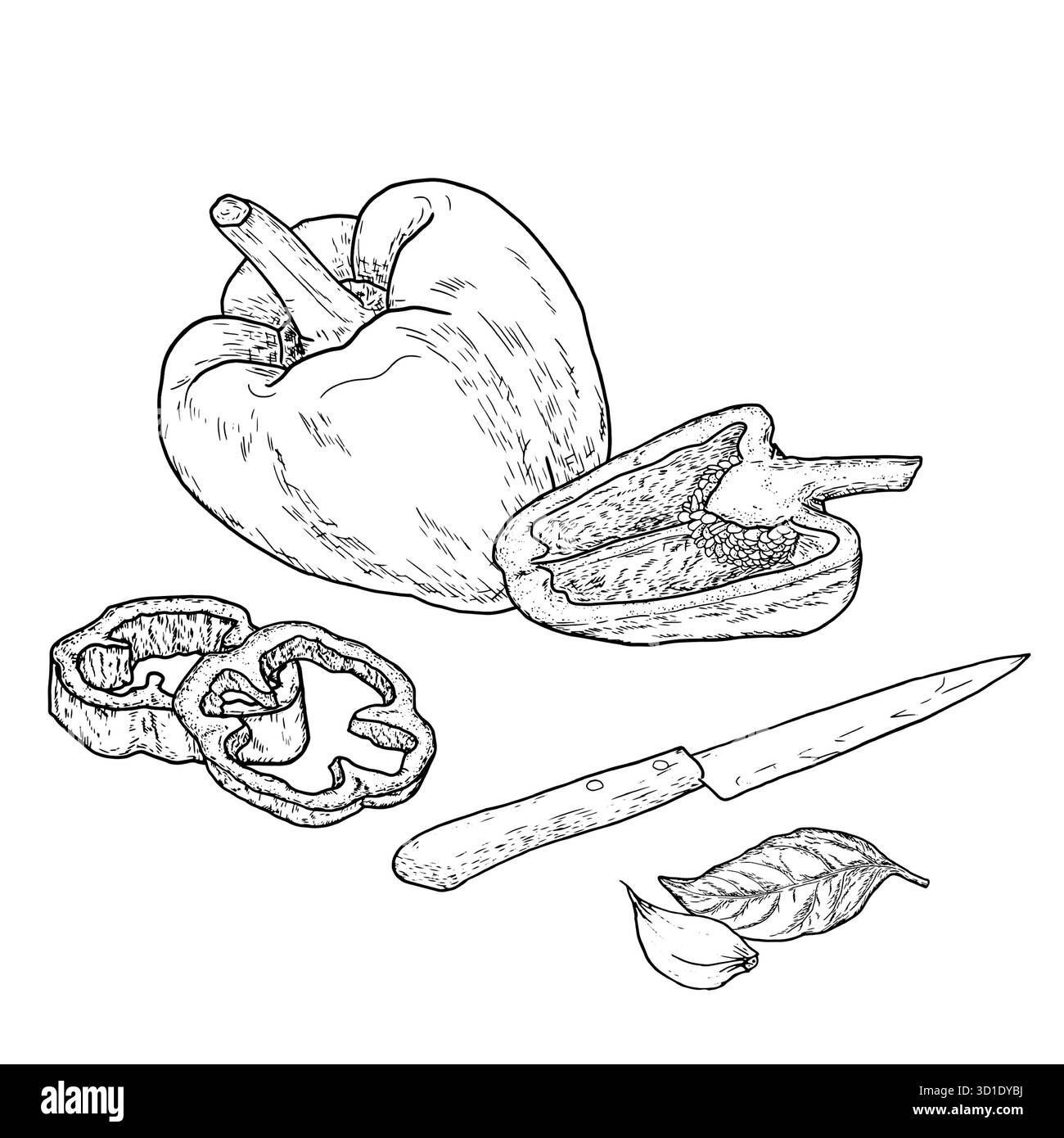 Paprika und Küchenmesser, Skizze. Vektorabbildung. Frisches Bauerngemüse in Scheiben und Ringe geschnitten, das Set ist isoliert auf weißem Hintergrund Stock Vektor