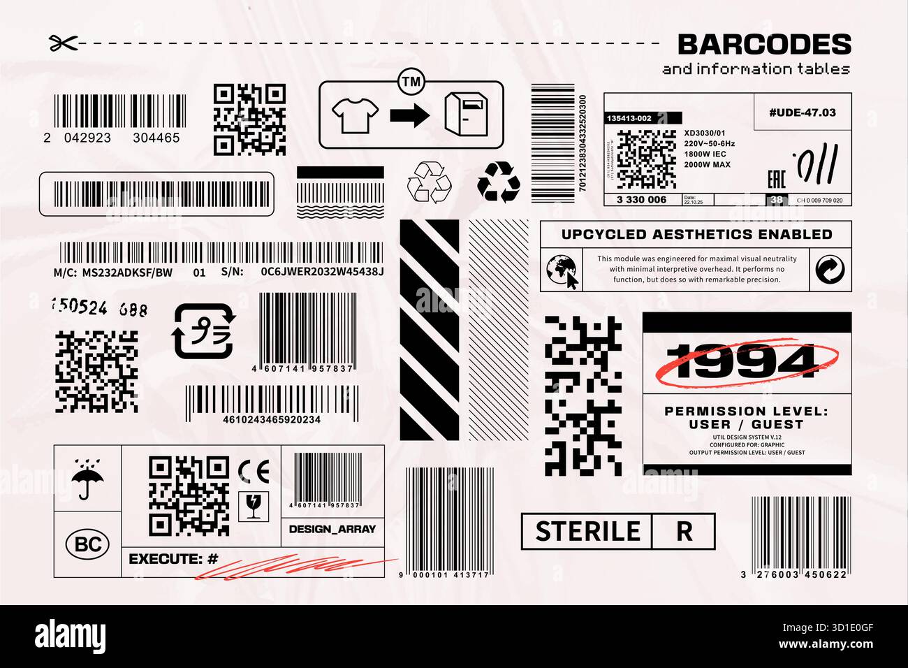 Vektorsatz von Barcodes, QR-Codes, Etiketten und Verpackungssymbolen. Perfekt für modernes Industriedesign, Branding und Collage-Grafiken. Bearbeitbare Formen bereinigen. Vektor-EPS10-Abbildung. Stock Vektor