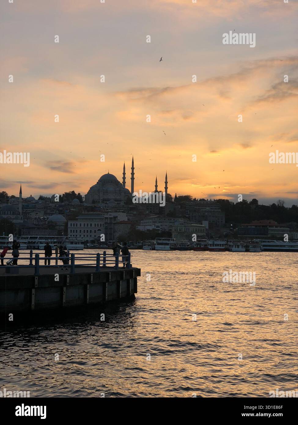 Sonnenuntergang über Istanbul, Türkei – die Skyline der Stadt und Moscheen reflektieren goldenes Licht auf dem ruhigen Wasser des Bosporus. Stockfoto