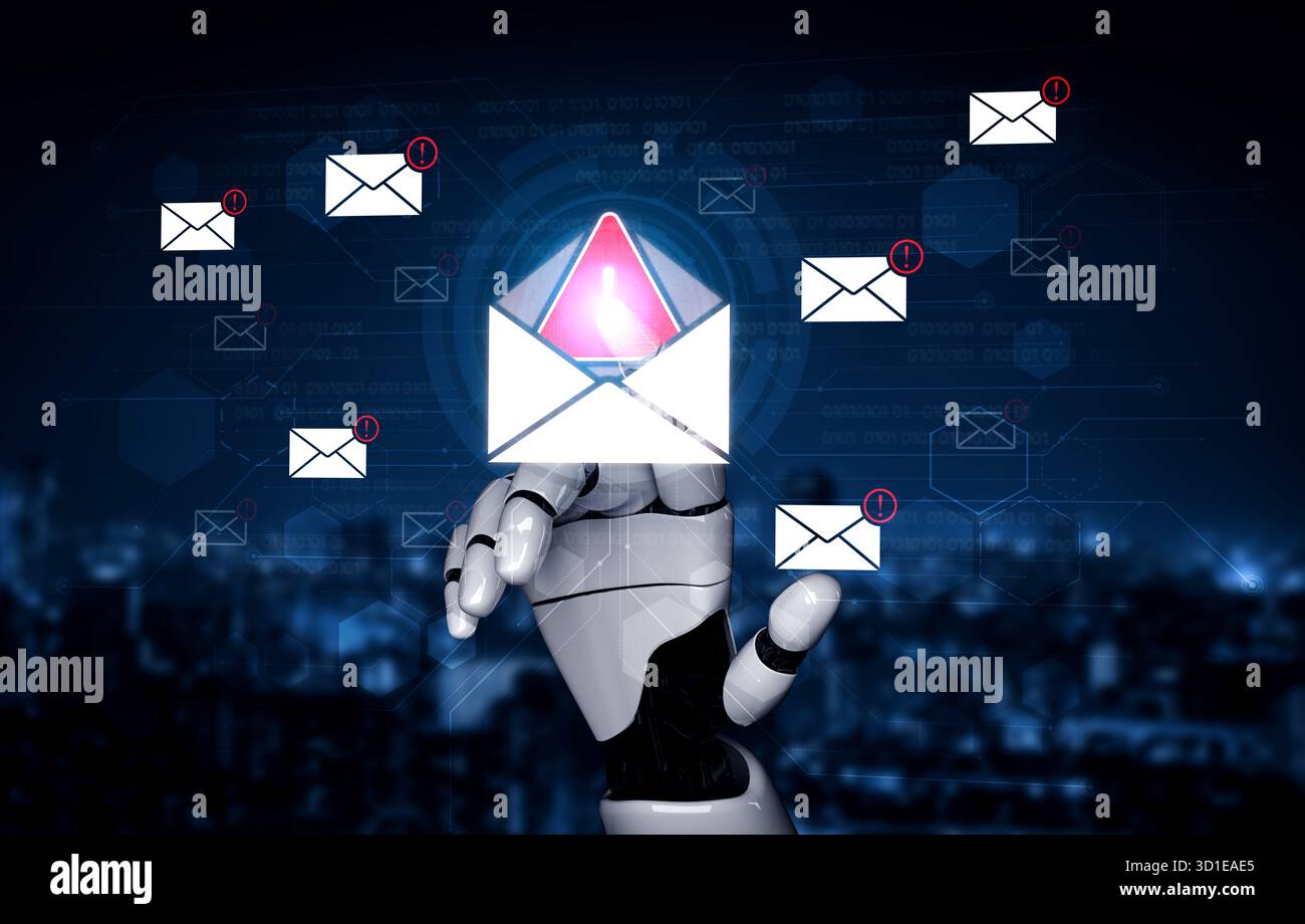 Ein KI-Assistent erkennt eine kritische Cybersicherheitsbedrohung und identifiziert eine Phishing-E-Mail im Posteingang. Dieses intelligente System gibt eine Warnung aus, um ein mA zu verhindern Stockfoto